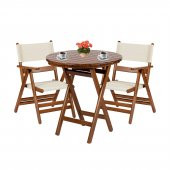 Marmaris Ahşap Bahçe Balkon Takımı: 60lık Yuvarlak Masa + 2 PVC Kumaşlı Sandalye Katlanır Set - 1