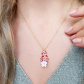 Vaoov 925 Ayar Gümüş Kırmızı Çiçekli Bahar Dalı Kolye thumbnail 3