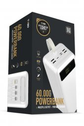 Powerway TX60 Beyaz Çoklu Çıkış Dijital Göstergeli Ekstra Kablolu 60.000 mAh (Gerçek 60.000 mAh Garantili) Powerbank - 1