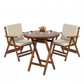 Antalya Ahşap Bahçe Balkon Takımı: 70 cm Yuvarlak Masa + 2 Minderli Sandalye - Katlanır  Set - 1