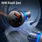 Baseus QC+PPS Dual Dijital Göstergeli 65W Araç Şarj Cihazı Araç Çakmaklık Şarjı - 3