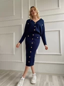 Kadın Bant Detaylı Düğmeli Etek-Hırka Takım Lacivert - 1