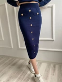 Kadın Bant Detaylı Düğmeli Etek-Hırka Takım Lacivert - 2