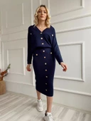 Kadın Bant Detaylı Düğmeli Etek-Hırka Takım Lacivert - 8