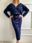 Kadın Bant Detaylı Düğmeli Etek-Hırka Takım Lacivert - 9