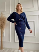 Kadın Bant Detaylı Düğmeli Etek-Hırka Takım Lacivert - 6