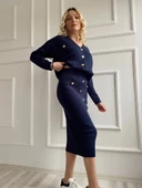 Kadın Bant Detaylı Düğmeli Etek-Hırka Takım Lacivert - 4