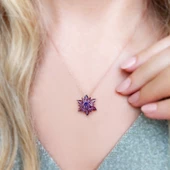 Vaoov 925 Ayar Gümüş Mor Taşlı Lotus Kolye thumbnail 4