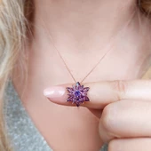 Vaoov 925 Ayar Gümüş Mor Taşlı Lotus Kolye thumbnail 2