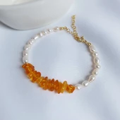 Vaoov 925 Ayar Gümüş Doğal Kehribar ve İnci Bileklik thumbnail 1