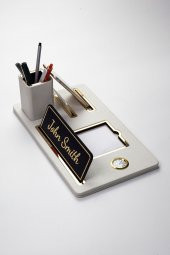 Masaüstü İsimliği Deri Organizer Beyaz Gold Detaylı Saat ve Kalemlikli - 1