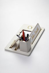 Masaüstü İsimliği Deri Organizer Beyaz Gold Detaylı Saat ve Kalemlikli - 4
