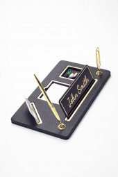 Organizer Deri Masa İsimliği Siyah Gold Detaylı - 1