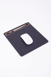 Deri Mousepad Düz Siyah Ahşap Detaylı - 1