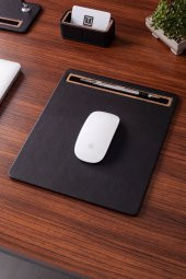 Deri Mousepad Düz Siyah Ahşap Detaylı - 4