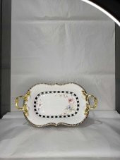 Canba Oval Damalı Pembe Güllü Servis 37x21x12 cm - 1