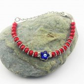 Çiçek Şeklinde Nazar Boncuklu Kırmızı Kesme Cam SIFIR Bileklik - Hediye Paketinde Gönderilecektir - 2