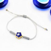 Altın Renk Mavi Mineli GRİ Renkli Makrome Örme Kırmızı Bileklik - Nazarlık - 1