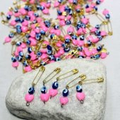 sk- 100 Adet - Pembe Kalp Nazar Boncuklu Çengelli İğne - Baby Shower - Kına - Nihah Şekeri Malzemesi thumbnail 1