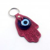 CAM Nazar Boncuklu Koyu Pembe Deri Anahtarlık - Çanta Süsü Anahtarlık - 1