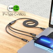 Coofbe 3in1 1 Metre USB To Type-C, iPhone Lightning,  Micro USB Şarj ve Data Kablosu, 2A Halat Kablo - 3