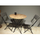 Masa Sandalye Katlanır Bistro Takımı 60cm Çam Desenli Masa Keten Gri Sandalye - 1