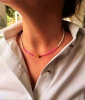 GOLD KAPLAMA ASORTİ DOĞALTAŞ PEMBE BONCUK KOLYE-KOL123 - 3