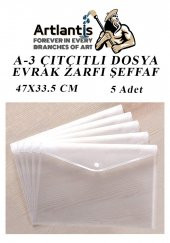 A3 Çıtçıtlı Dosya Şeffaf 5 Adet A-3 Çıtçıtlı Zarf Dosya Transparan 47x33.5 cm Büyük Boy Çıtçıtlı Dosya - 1