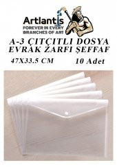 A3 Çıtçıtlı Dosya Şeffaf 10 Adet A-3 Çıtçıtlı Zarf Dosya Transparan 47x33.5 cm Büyük Boy Çıtçıtlı Dosya - 1