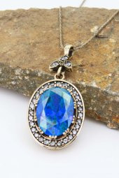 Otantik Serisi Mavi Safir Renkli Taşlı Otantik Gümüş Kadın Kolye - 2
