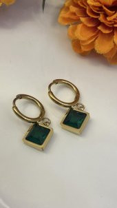 Aksesuar Çarşısı Yeşil Kare Zirkon Taşlı  Küpe Gold Renk thumbnail 2