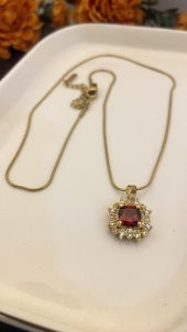Aksesuar Çarşısı Kırmızı Zirkon Taşlı Gold Kolye - 1
