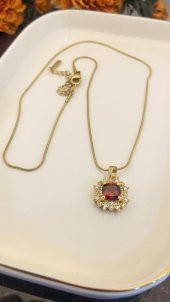 Aksesuar Çarşısı Kırmızı Zirkon Taşlı Gold Kolye - 2