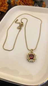 Aksesuar Çarşısı Kırmızı Zirkon Taşlı Gold Kolye - 3