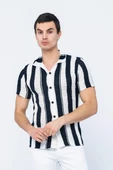 Erkek Slim Fit Çizgili Geniş Kafes Örgülü File Kısa Kollu Triko Gömlek - 9