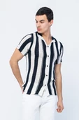 Erkek Slim Fit Çizgili Geniş Kafes Örgülü File Kısa Kollu Triko Gömlek - 5