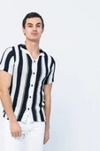 Erkek Slim Fit Çizgili Geniş Kafes Örgülü File Kısa Kollu Triko Gömlek - 7