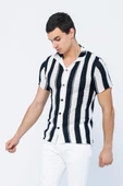 Erkek Slim Fit Çizgili Geniş Kafes Örgülü File Kısa Kollu Triko Gömlek - 6