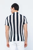 Erkek Slim Fit Çizgili Geniş Kafes Örgülü File Kısa Kollu Triko Gömlek - 4