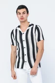 Erkek Slim Fit Çizgili Geniş Kafes Örgülü File Kısa Kollu Triko Gömlek - 1