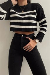 Çizgili Fitilli Triko Kısa Kazak - 3