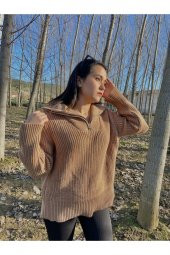 Kadın Fermuarlı Balıkçı Yaka Oversize Triko Kazak - 1