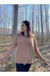 Kadın Fermuarlı Balıkçı Yaka Oversize Triko Kazak - 3