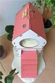 Dekoratif Ahşap Kedi Evi Teraslı 2 Katlı Merdivenli Kedi Evi Pembe - Beyaz - 3