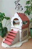 Dekoratif Ahşap Kedi Evi Teraslı 2 Katlı Merdivenli Kedi Evi Pembe - Beyaz - 2