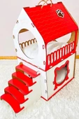 Dekoratif Ahşap Kedi Evi Teraslı 2 Katlı Merdivenli Kedi Evi Kırmızı - Beyaz - 1
