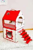 Dekoratif Ahşap Kedi Evi Teraslı 2 Katlı Merdivenli Kedi Evi Kırmızı - Beyaz - 6