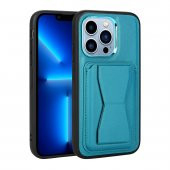 KNY Apple İphone 13 Pro Kılıf Kart Koymalı Standlı Suni Deri Memo Kapak Turkuaz - 1
