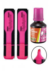 Fosforlu İşaret Kalemi Pembe Doldurulabilir 2 Adet ve Mürekkebi 30ml 1 Adet Fosforlu Neon Kalem - 1