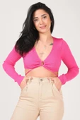 Kadın Ön Bağcıklı Crop Triko Hırka Fuşya - 1